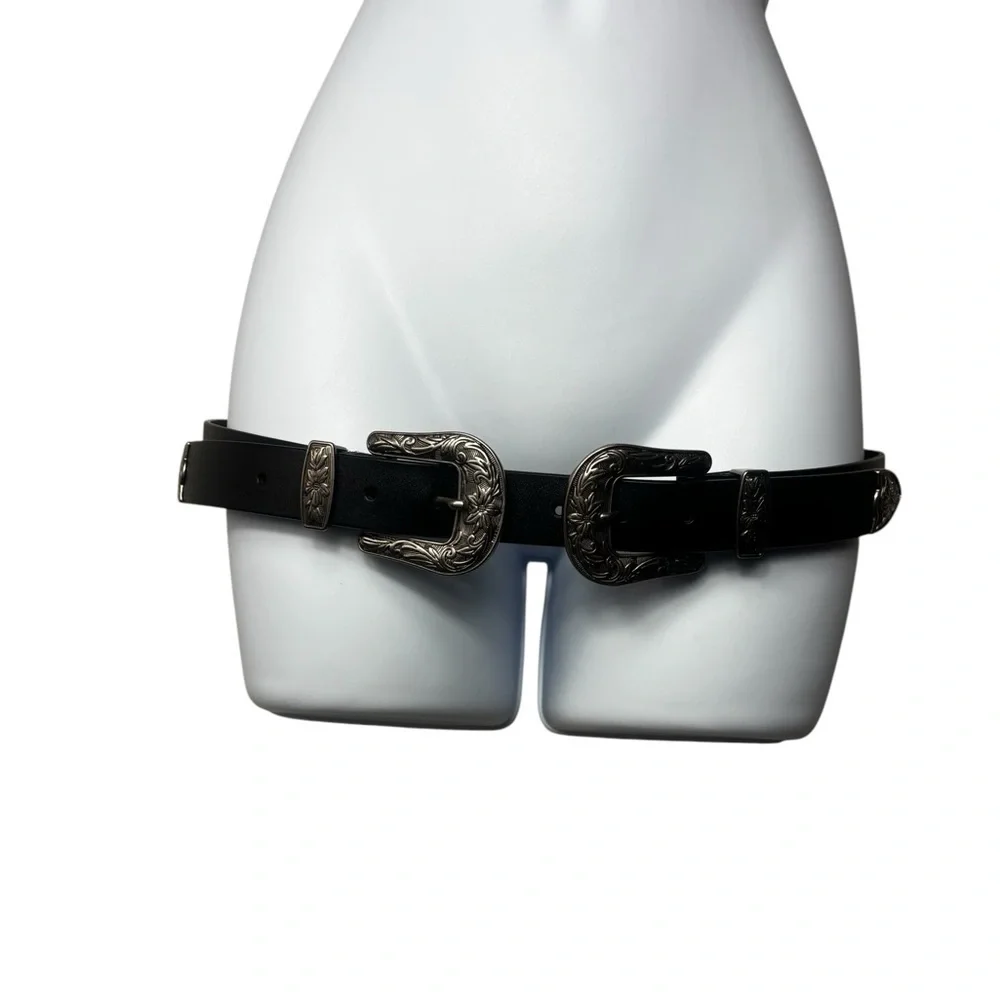 Statement Belt Unbranded Double Buckle Western Belt One Size Black Silver
